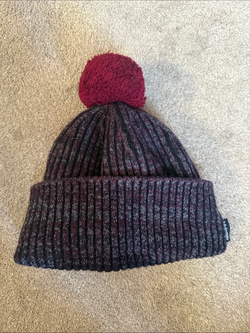 Lululemon‎ Black Burgundy Fleece Lined Foldover Pom Pom Beanie